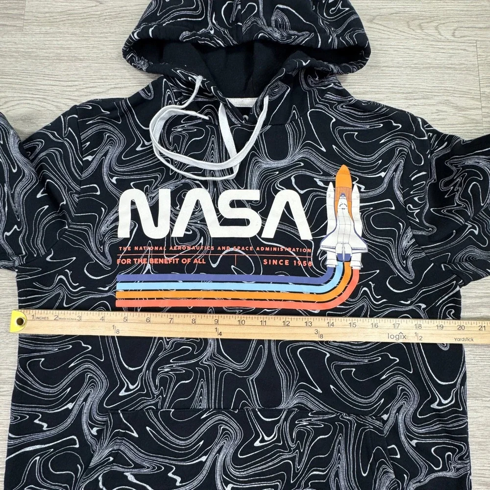NASA Men's Hoodie Marble Swirl All Over Print Black Small Space Shuttle Graphic
